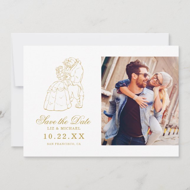 Gold Beauty and the Beast Fairytale Save the Date (Front)