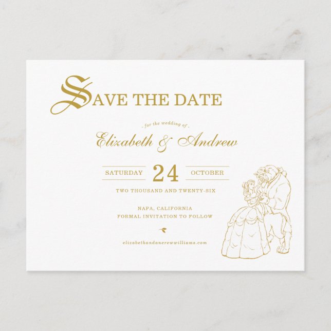 Gold Beauty and the Beast Fairytale Save the Date Postcard (Front)