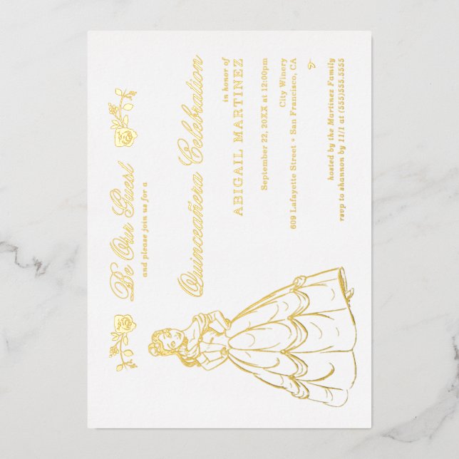 Gold Beauty et la bête Quinceañera Invitation (Recto)