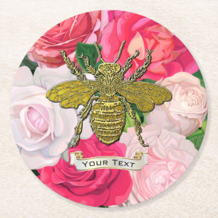 Gold Bee and Roses Personalize Round Paper Coaster