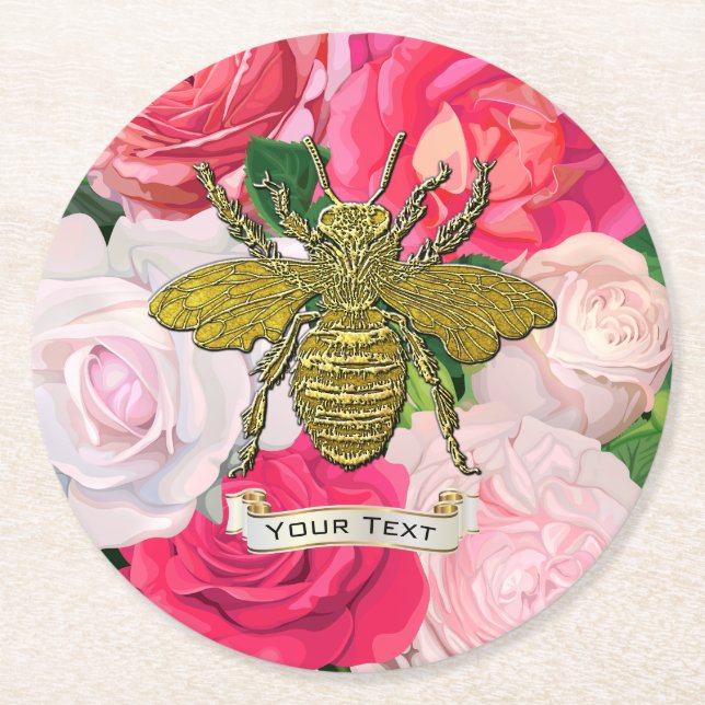 Gold Bee and Roses Personalize Round Paper Coaster (Front)