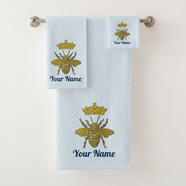 Gold Bee Crown Your Text and Colour Bath Towel Set (Insitu)