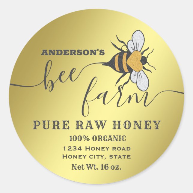 Gold bee logo script bee farm honey jar classic round sticker (Front)