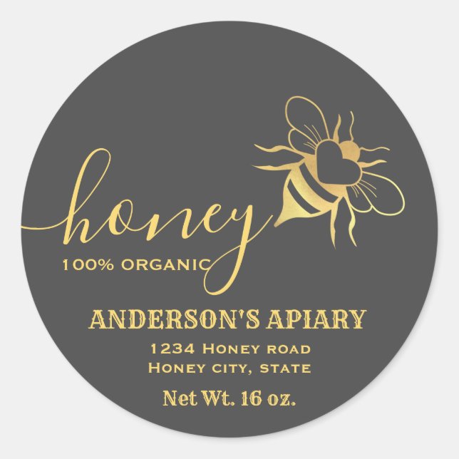 Gold bee logo script honey jar classic round sticker (Front)