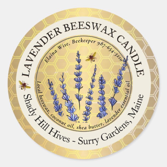 Gold Beeswax Candle Label Honeycomb Bees Lavender  (Front)