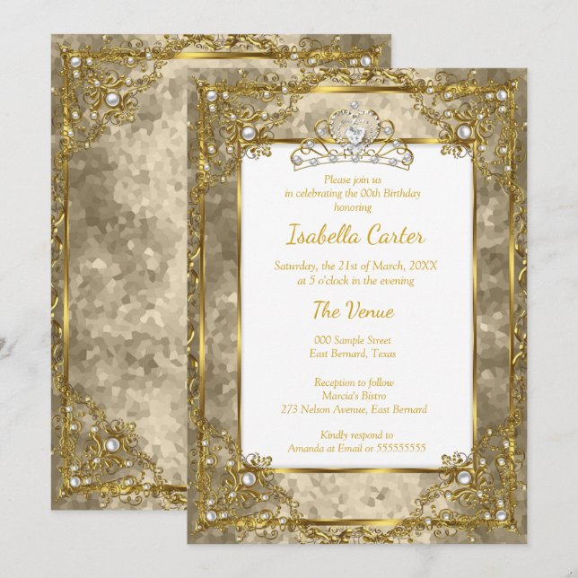 Gold Beige Birthday Party Gold White Tiara Invitation (Front/Back)