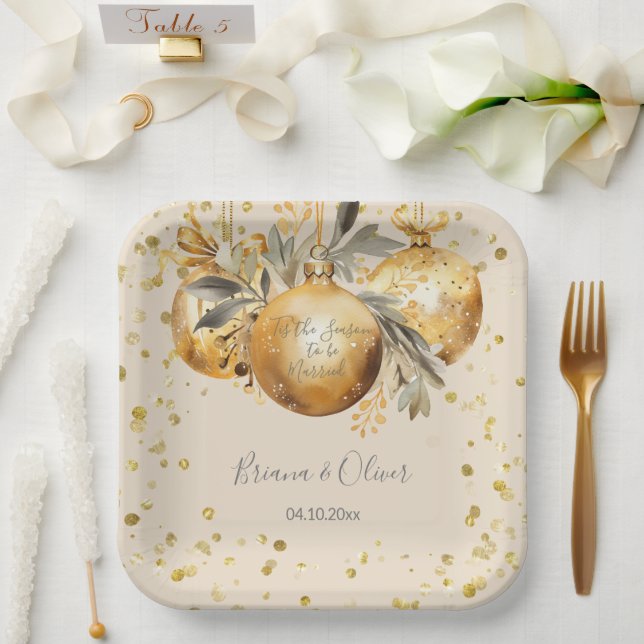 Gold Beige Christmas Wedding Paper Plate (Wedding)