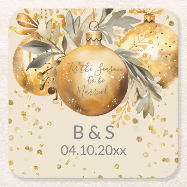 Gold Beige Christmas Wedding Square Paper Coaster (Front)