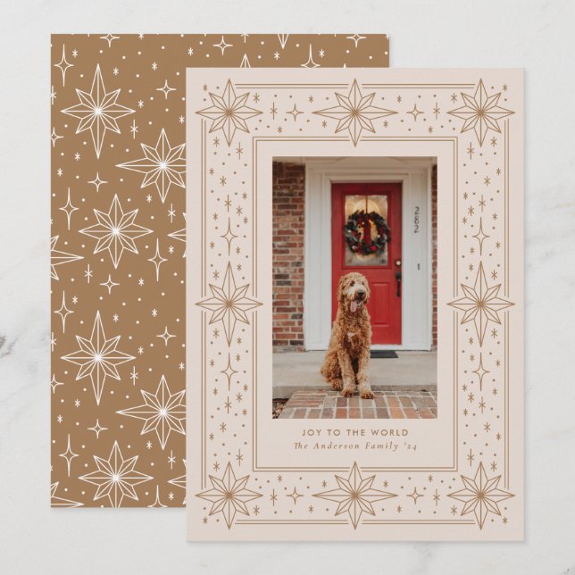 Gold & Beige geometric star border Christmas Photo Holiday Card (Front/Back)