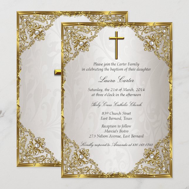 Gold Beige Pearl Damask Cross Baptism/Christening Invitation (Front/Back)