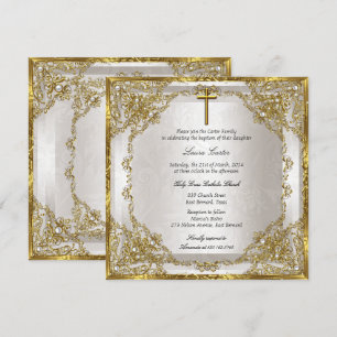Gold Beige Pearl Damask Cross Baptism/Christening Invitation