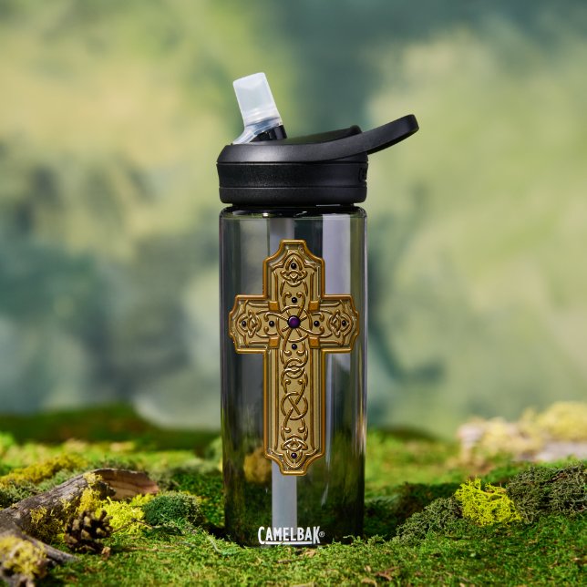 Gold Bejeweled Celtic Style Cross  Water Bottle (Outdoor (Rotated))