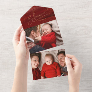 Gold Believe Calligraphy, Sparkles Photo - Red BG All In One Invitation