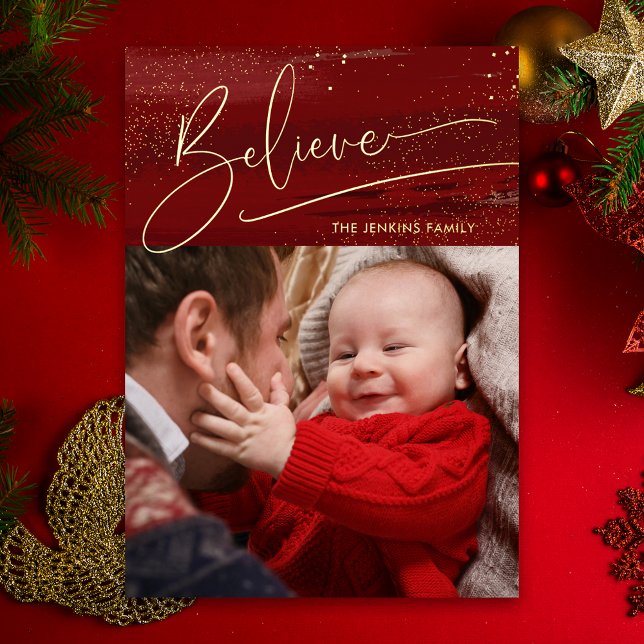 Gold Believe Calligraphy, Sparkles Photo - Red BG Foil Holiday Card (Creator Uploaded)