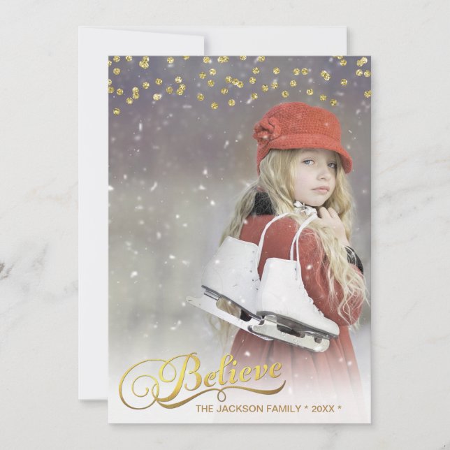 Gold BELIEVE Faux Glitter Confetti Holiday Photo (Front)