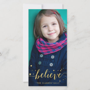 Gold Believe Handwriting Holiday Photo Card