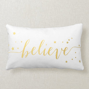 Gold Believe Handwriting   Holiday Throw Lumbar Pillow