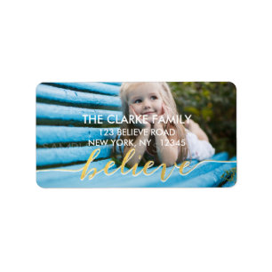Gold Believe Holiday Photo Address Label