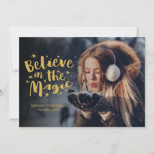 Gold Believe In The Magic Photo Christmas Card (Front)