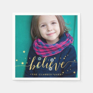 Gold Believe Script | Holiday Photo Paper Napkins