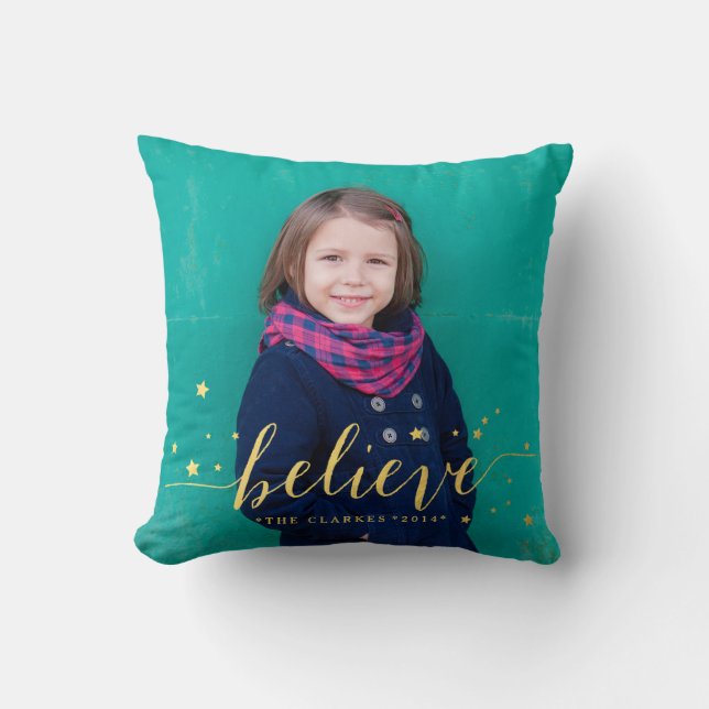Gold Believe Stars | Holiday Photo Throw Pillow (Front)