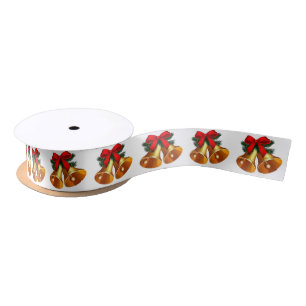 Gold Bells And Holly White Ribbon Satin Ribbon