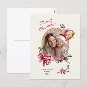 Gold Bells Pink Bows Photo Christmas Holiday Postcard