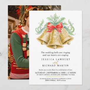 Gold bells red bow watercolor photo Wedding Invitation