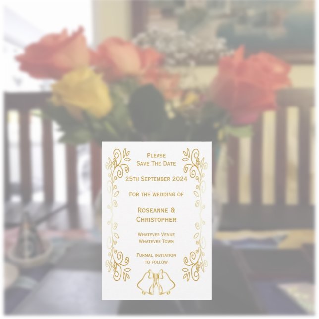 Gold Bells Scrollwork Design Wedding Save The Date (Gold wedding save the date card bells and scrollwork design)