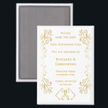 Gold Bells Scrollwork Design Wedding Save The Date Magnet<br><div class="desc">Wedding save the date magnet bells design. Customise this gold coloured wedding save the date magnet with your wedding details. Should you require any help with customising then contact us through the link on this page. Gold coloured bells design personalised wedding save the date magnet</div>