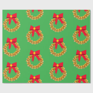 Gold Bells Wreath Green Wrapping Paper