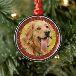Gold Berry Wreath My Pet Photo Christmas Metal Ornament
