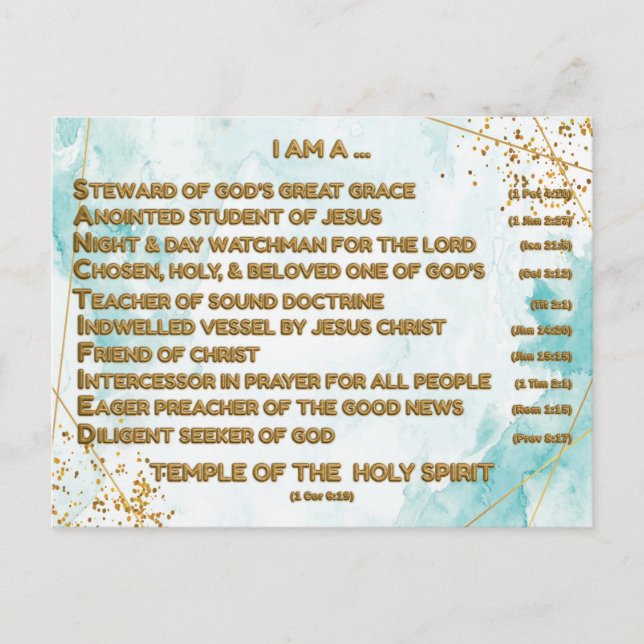Gold Biblical Affirmations Acrostic w_Scripture 4 Postcard (Front)