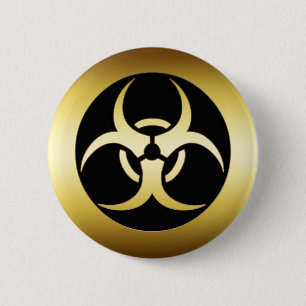 GOLD BIO-HARZARD SYMBOL 2 INCH ROUND BUTTON