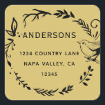 Gold Bird & Botanical Wreath Return Address  Square Sticker<br><div class="desc">Rustic botanical wreath & bird return address sticker.</div>