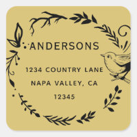 Gold Bird & Botanical Wreath Return Address 