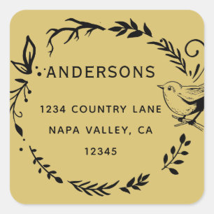 Gold Bird & Botanical Wreath Return Address  Square Sticker