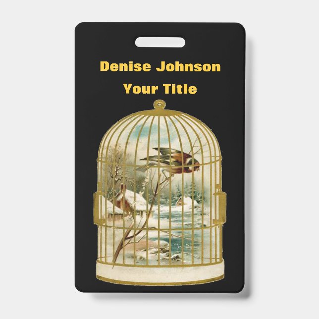 Gold Birdcage With Winter Cabin Scene Bird Black Badge (Front)