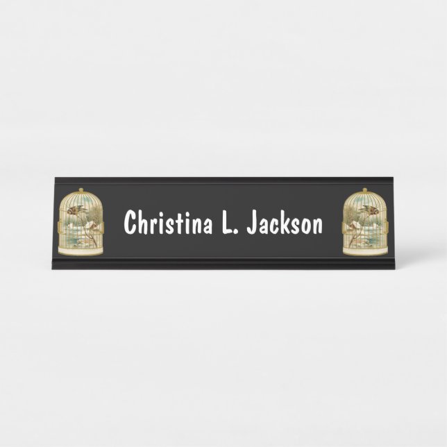 Gold Birdcages with Birds Overlooking Cabin Snow Desk Name Plate (Front)