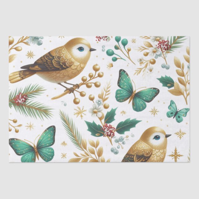 Gold Birds and Emerald Butterflies Tissue Paper (Front)