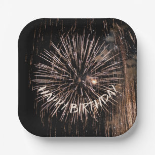 Gold Birthday Fireworks Paper Plate