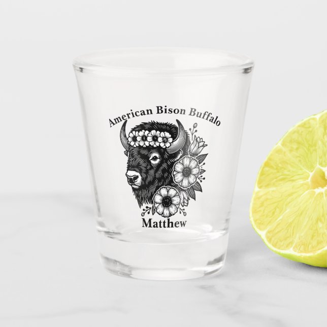 Gold Bison Adorned With Flowers and Foliage Shot Glass (Front)