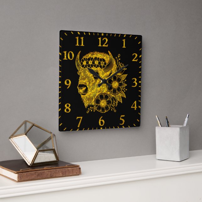 Gold Bison Adorned With Flowers and Foliage Square Wall Clock (Office)