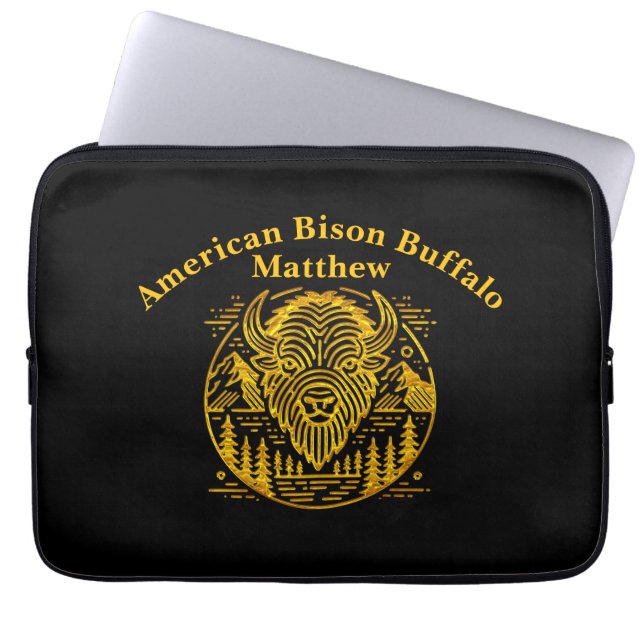 Gold Bison Amid Mountains and Trees Laptop Sleeve (Front)