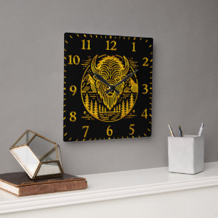Gold Bison Amid Mountains and Trees Square Wall Clock