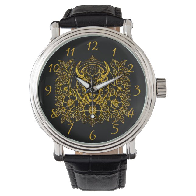 Gold Bison Among Flowers Watch (Front)