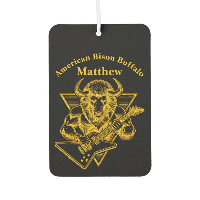 Gold Bison Buffalo Rocking out on Guitar Air Freshener (Front)