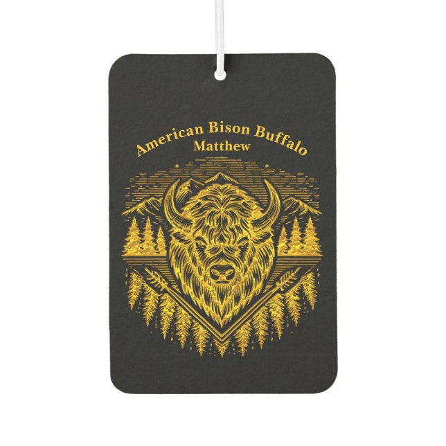 Gold Bison Head With Mountains and Trees Air Freshener (Front)