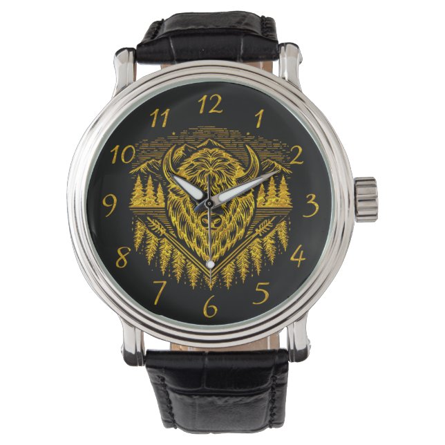 Gold Bison Head With Mountains and Trees Watch (Front)