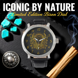 Gold Bison Illustration Surrounded by Nature Watch